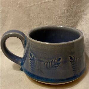 Ceramic Mug with Leaf Design Clever Kickstand Mug So It Won’t Tip Cerulean Blue
